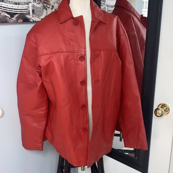 VNTG RED FULL GRAIN LEATHER W/ZIP OUT LINING DEEP POCKETS SEXY JACKET MADE IN US - Picture 3 of 14